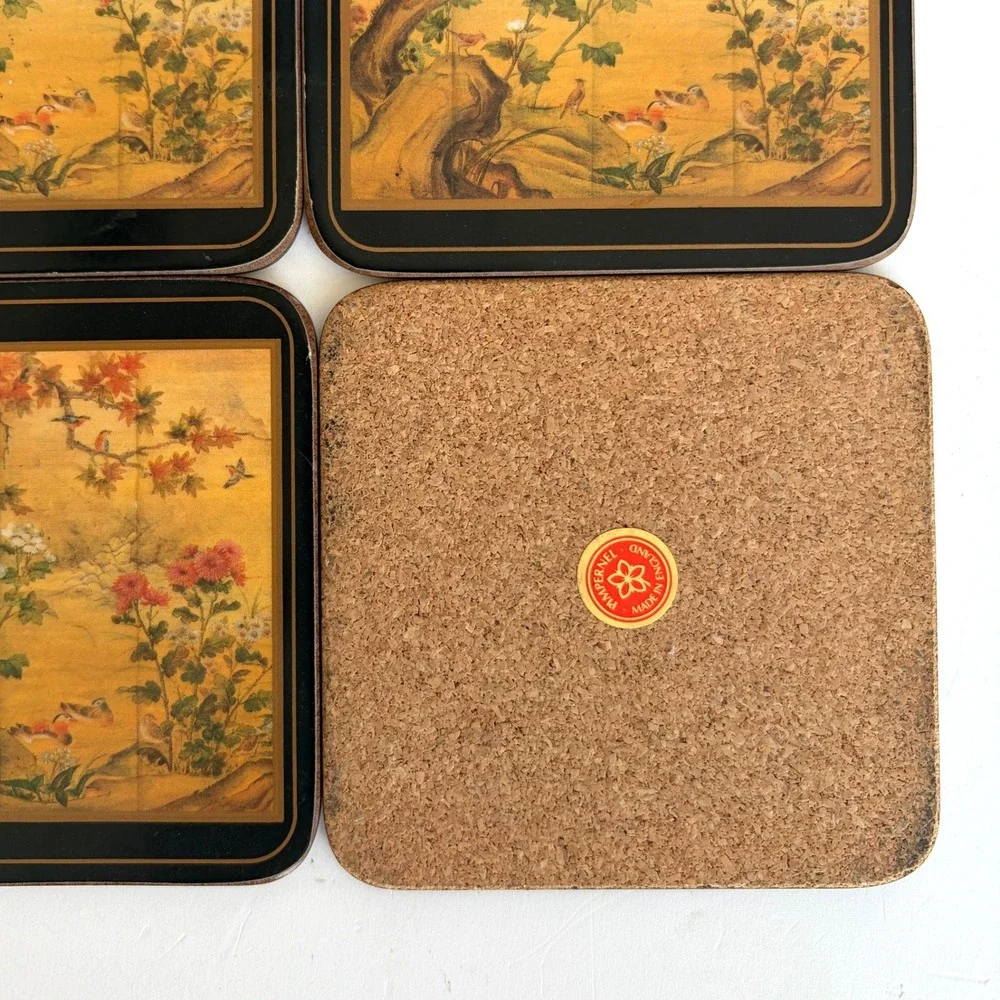 Vintage Pimpernel England Chinoiserie Cork Coasters Set of 6 Gold Bird Floral